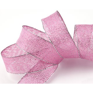 20 m x 25 mm Dekoband WINTER STRIPES ROSA SILBER Lurex Streifen Schleifenband mit Drahtkanten glnzend Weihnachtsband