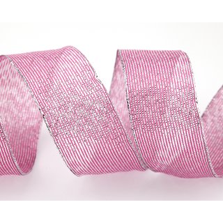 20 m x 40 mm Dekoband WINTER STRIPES ROSA SILBER Lurex Streifen Schleifenband mit Drahtkanten glnzend Weihnachtsband
