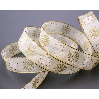 3 m x 25 mm Dekoband Snow Wonder CREME GOLD Chiffonband mit Draht mit Lurex Weihnachtsband Schneeflocken Motiv