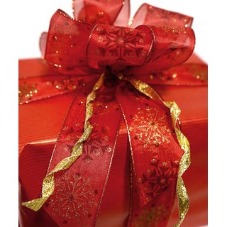 3 m x 25 mm Dekoband Snow Wonder ROT GOLD Chiffonband mit Draht mit Lurex Weihnachtsband Schneeflocken Motiv