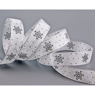 3 m x 25 mm Dekoband Snow Wonder WEISS SILBER Chiffonband mit Draht mit Lurex Weihnachtsband Schneeflocken Motiv