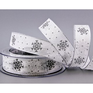 3 m x 25 mm Dekoband Snow Wonder WEISS SILBER Chiffonband mit Draht mit Lurex Weihnachtsband Schneeflocken Motiv