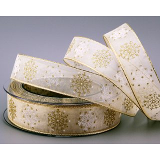 20 m x 25 mm Dekoband Snow Wonder CREME GOLD Chiffonband mit Draht mit Lurex Weihnachtsband Schneeflocken Motiv