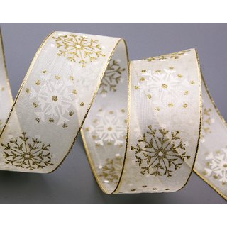 3 m x 40 mm Dekoband Snow Wonder CREME GOLD Chiffonband mit Draht mit Lurex Weihnachtsband Schneeflocken Motiv