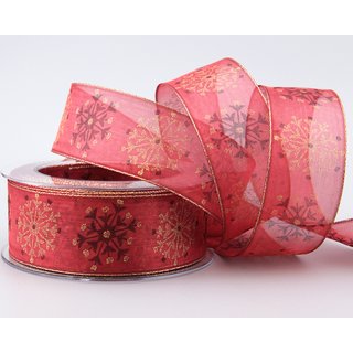 3 m x 40 mm Dekoband Snow Wonder ROT GOLD Chiffonband mit Draht mit Lurex Weihnachtsband Schneeflocken Motiv