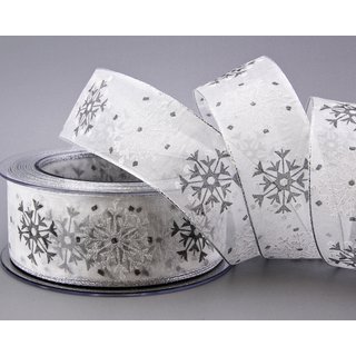 3 m x 40 mm Dekoband Snow Wonder WEISS SILBER Chiffonband mit Draht mit Lurex Weihnachtsband Schneeflocken Motiv