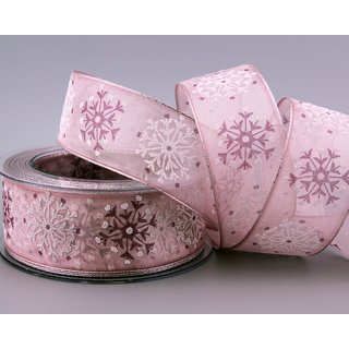 3 m x 40 mm Dekoband Snow Wonder ROSA SILBER Chiffonband mit Draht mit Lurex Weihnachtsband Schneeflocken Motiv