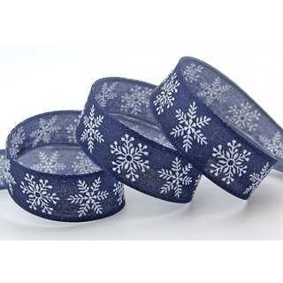 3 m x 25 mm Dekoband Christmas Snowflakes DUNKELBLAU Blau WEISS Schleifenband Baumwolle Stoffband Weihnachten