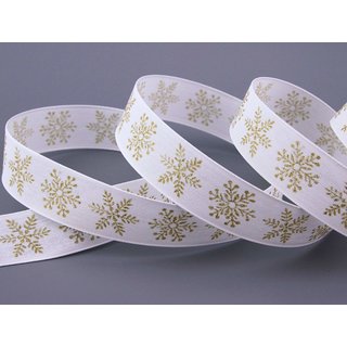 3 m x 25 mm Dekoband Christmas Snowflakes WEISS GOLD Schleifenband Baumwolle Stoffband Weihnachten