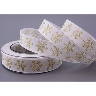 3 m x 25 mm Dekoband Christmas Snowflakes WEISS GOLD Schleifenband Baumwolle Stoffband Weihnachten