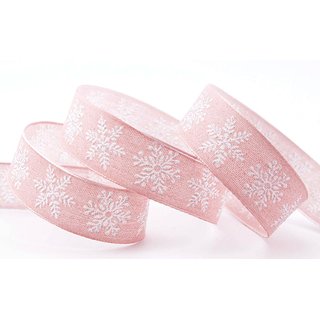 3 m x 25 mm Dekoband Christmas Snowflakes ROSA WEISS Schleifenband Baumwolle Stoffband Weihnachten