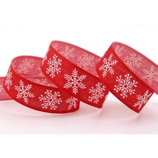 20 m x 25 mm Dekoband Christmas Snowflakes ROT WEISS Schleifenband Baumwolle Stoffband Weihnachten