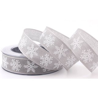 20 m x 25 mm Dekoband Christmas Snowflakes GRAU WEISS Schleifenband Baumwolle Stoffband Weihnachten