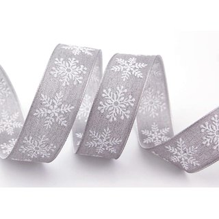 20 m x 25 mm Dekoband Christmas Snowflakes GRAU WEISS Schleifenband Baumwolle Stoffband Weihnachten