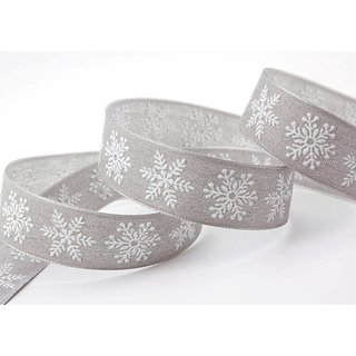 20 m x 25 mm Dekoband Christmas Snowflakes GRAU WEISS Schleifenband Baumwolle Stoffband Weihnachten