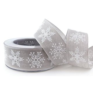 3 m x 40 mm Dekoband Christmas Snowflakes GRAU WEISS Schleifenband Baumwolle Stoffband Weihnachten