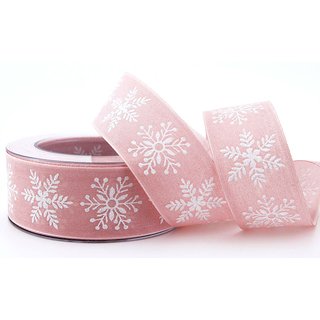 3 m x 40 mm Dekoband Christmas Snowflakes ROSA WEISS Schleifenband Baumwolle Stoffband Weihnachten