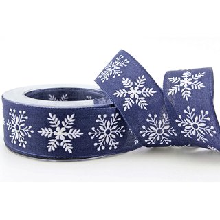 20 m x 40 mm Dekoband Christmas Snowflakes DUNKELBLAU Blau WEISS Schleifenband Baumwolle Stoffband Weihnachten
