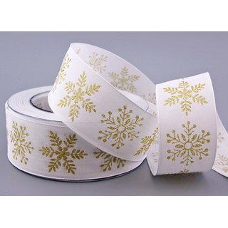 20 m x 40 mm Dekoband Christmas Snowflakes WEISS GOLD Schleifenband Baumwolle Stoffband Weihnachten