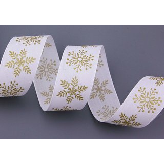 20 m x 40 mm Dekoband Christmas Snowflakes WEISS GOLD Schleifenband Baumwolle Stoffband Weihnachten