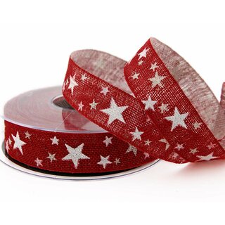 3 m x 25 mm Dekoband Country Stars ROT WEISS Geschenkband Leinen Stoffband Weihnachten mit Sternen