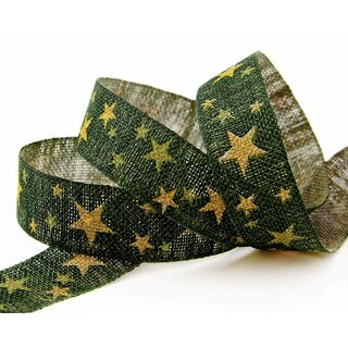3 m x 25 mm Dekoband Country Stars DUNKELGRN Grn GOLD Geschenkband Leinen Stoffband Weihnachten mit Sternen