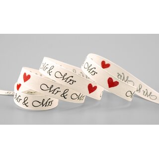 3 m x 15 mm Dekoband MR & MRS HERZEN IVORY Creme ROT Stoffband fr Hochzeit Schleifenband