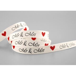 3 m x 15 mm Dekoband MR & MRS HERZEN IVORY Creme ROT Stoffband fr Hochzeit Schleifenband