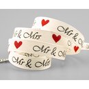 3 m x 15 mm Dekoband MR & MRS HERZEN IVORY Creme ROT...