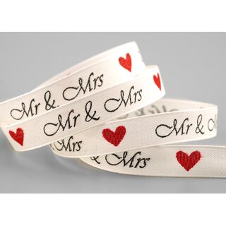 20 m x 15 mm Dekoband MR & MRS HERZEN IVORY Creme ROT...