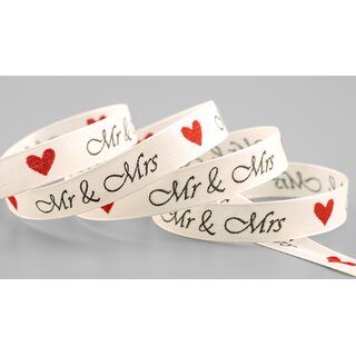 20 m x 15 mm Dekoband MR & MRS HERZEN IVORY Creme ROT Stoffband fr Hochzeit Schleifenband
