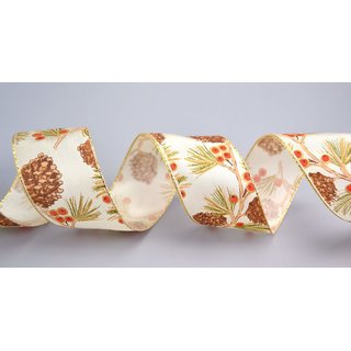 2 m x 40 mm Dekoband PINES CREME GOLD Geschenkband Premium Stoffband mit Goldkanten Schleifenband Weihnachten Zapfen