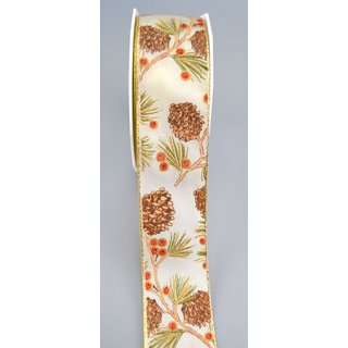 2 m x 40 mm Dekoband PINES CREME GOLD Geschenkband Premium Stoffband mit Goldkanten Schleifenband Weihnachten Zapfen