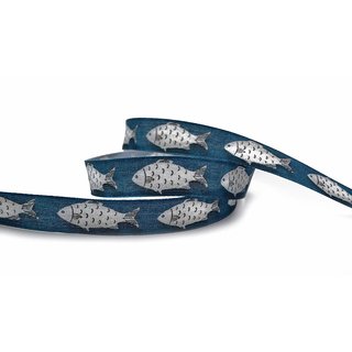 20 m x 25 mm Dekoband MARITIM Fische Denim BLAU Schleifenband Geschenkband Deko Band Tischdeko Taufe Natur Stoffband mit formstabilen Kanten