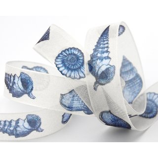3 m x 25 mm Dekoband MARITIM Muscheln BLAU Creme Schleifenband Geschenkband Deko Band Tischdeko Natur Geburtstag Stoffband mit formstabilen Kanten