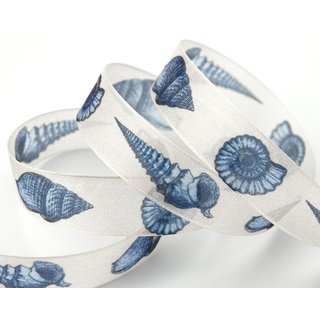 20 m x 25 mm Dekoband MARITIM Muscheln BLAU Creme Schleifenband Geschenkband Deko Band Tischdeko Natur Geburtstag Stoffband mit formstabilen Kanten
