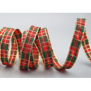 3 m x 15 mm Weihnachten Drahtkantenband KARO ROT DUNKELGRN GOLD 123 Lurex Goldkante