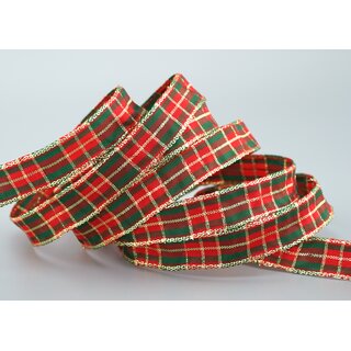 20 m x 15 mm Weihnachten Drahtkantenband KARO ROT DUNKELGRN GOLD 123 Lurex Goldkante