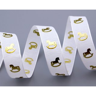 3 m x 22 mm Dekoband SCHAUKELPFERD WEISS GOLD Schleifenband Geschenkband Weihnachten Advent Kinder Drahtkanten