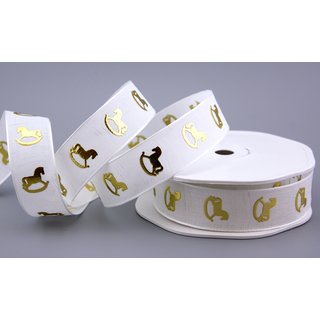 15 m x 22 mm Dekoband SCHAUKELPFERD WEISS GOLD Schleifenband Geschenkband Weihnachten Advent Kinder Drahtkanten