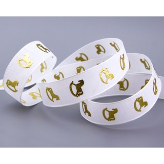 15 m x 22 mm Dekoband SCHAUKELPFERD WEISS GOLD Schleifenband Geschenkband Weihnachten Advent Kinder Drahtkanten