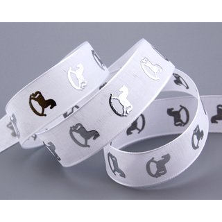 15 m x 22 mm Dekoband SCHAUKELPFERD WEISS SILBER Schleifenband Geschenkband Weihnachten Advent Kinder Drahtkanten