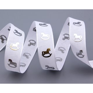 15 m x 22 mm Dekoband SCHAUKELPFERD WEISS SILBER Schleifenband Geschenkband Weihnachten Advent Kinder Drahtkanten