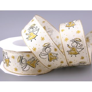 20 m x 40 mm Dekoband ENGEL CREME GOLD mit Lurex Drahtkanten Weihnachten Advent Schleifenband Geschenkband Deko Band Draht Christmas Angel