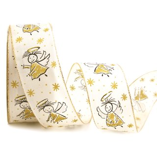 20 m x 40 mm Dekoband ENGEL CREME GOLD mit Lurex Drahtkanten Weihnachten Advent Schleifenband Geschenkband Deko Band Draht Christmas Angel