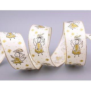 20 m x 40 mm Dekoband ENGEL CREME GOLD mit Lurex Drahtkanten Weihnachten Advent Schleifenband Geschenkband Deko Band Draht Christmas Angel