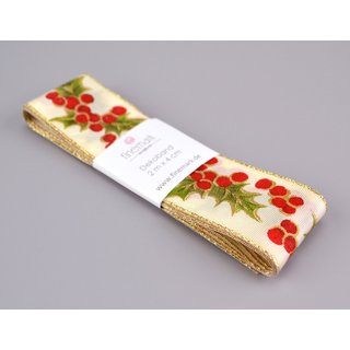 3 m x 40 mm Dekoband HOLLY WEIHNACHTEN CREME GOLD Geschenkband Premium Stoffband mit Goldkanten Schleifenband Stechpalme