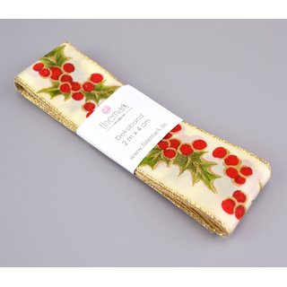 3 m x 40 mm Dekoband HOLLY WEIHNACHTEN CREME GOLD Geschenkband Premium Stoffband mit Goldkanten Schleifenband Stechpalme