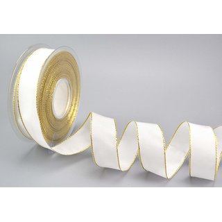 25 m x 25 mm Dekoband FAIRY TALE WEISS GOLD Drahtkantenband mit Lurex Metallgarn Geschenkband Weihnachten Stoffband Metallic glnzend
