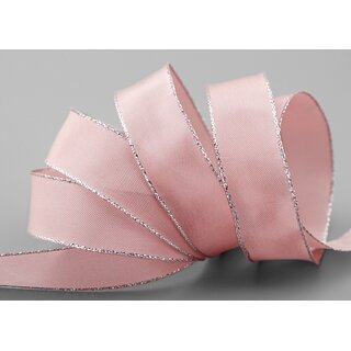 25 m x 25 mm Dekoband FAIRY TALE ROSA SILBER Drahtkantenband mit Lurex Metallgarn Geschenkband Weihnachten Stoffband Metallic glnzend